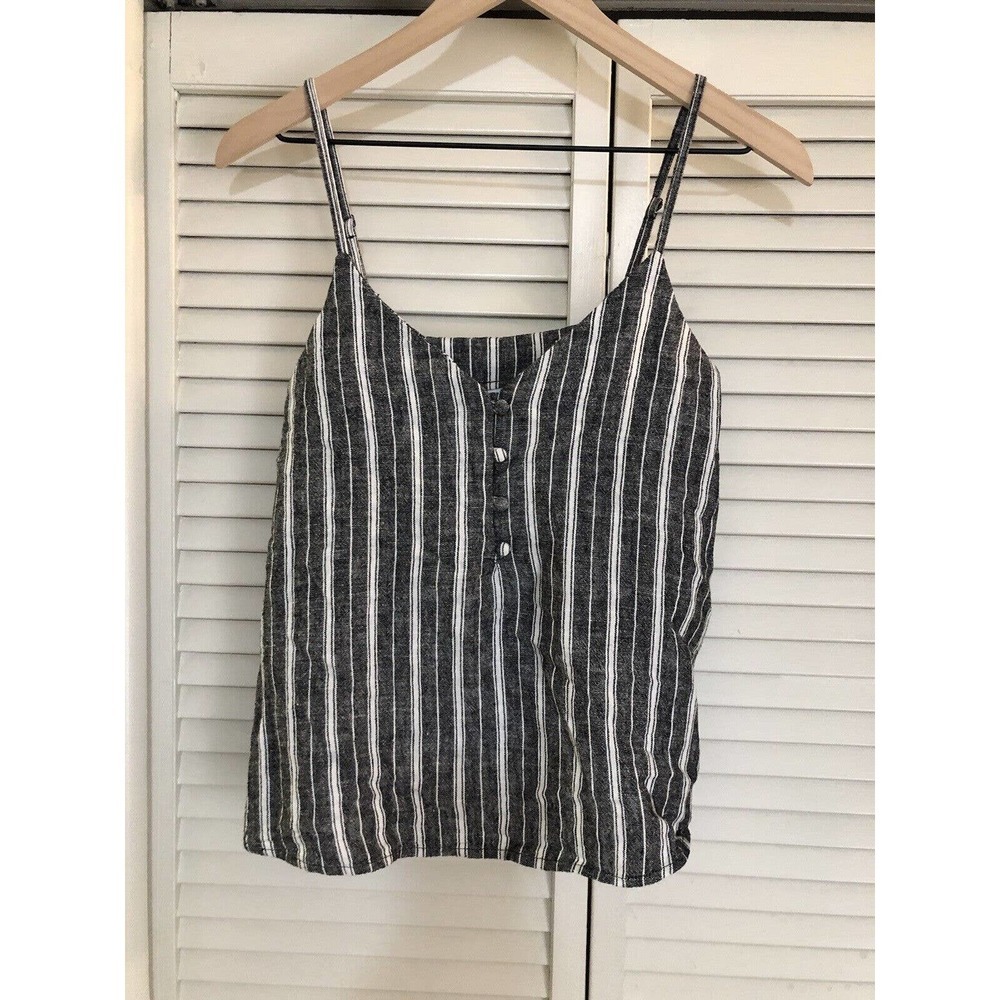 Abound Women’s Gray White Stripe Linen Blend Tank Top Cropped Sz XXS NWOT